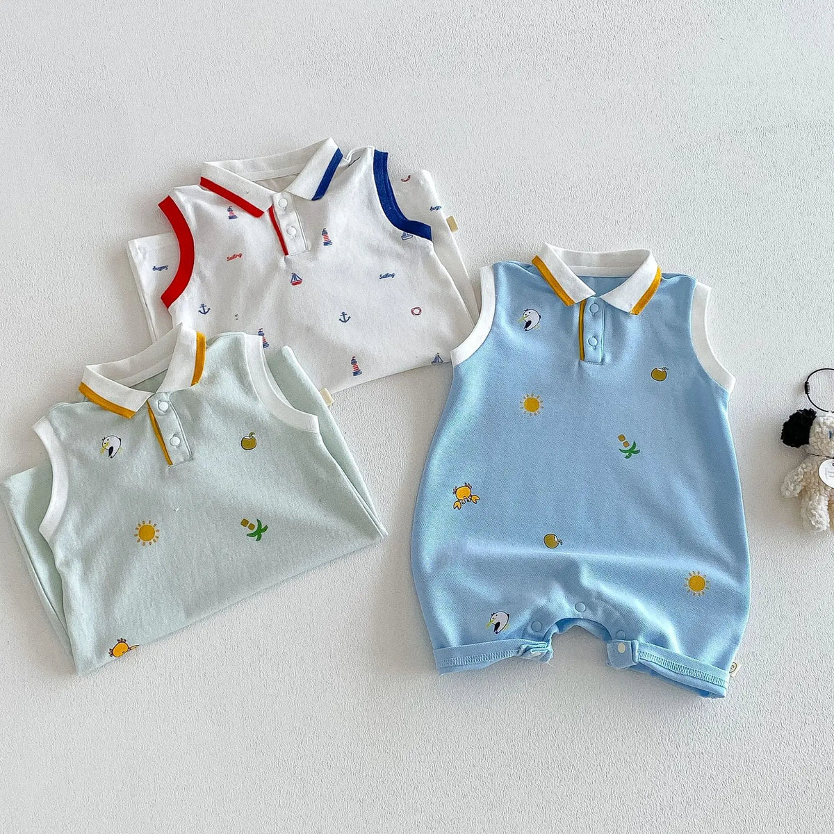 2026 New Summer 0-2Y Baby Clothes Cartoon Print Sleeveless Polo Romper Breathable Mesh Fabric with Placket Snap Closure