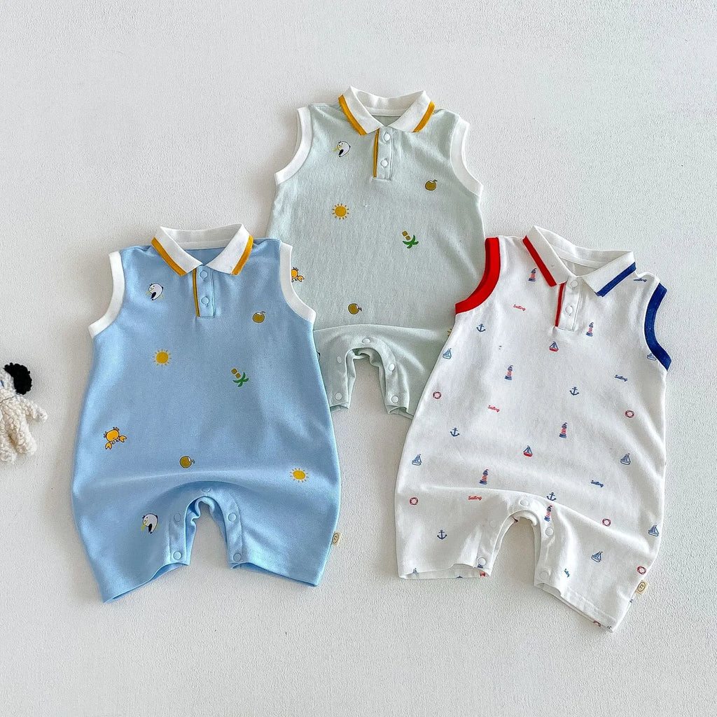 2026 New Summer 0-2Y Baby Clothes Cartoon Print Sleeveless Polo Romper Breathable Mesh Fabric with Placket Snap Closure