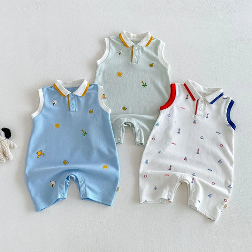 2026 New Summer 0-2Y Baby Clothes Cartoon Print Sleeveless Polo Romper Breathable Mesh Fabric with Placket Snap Closure