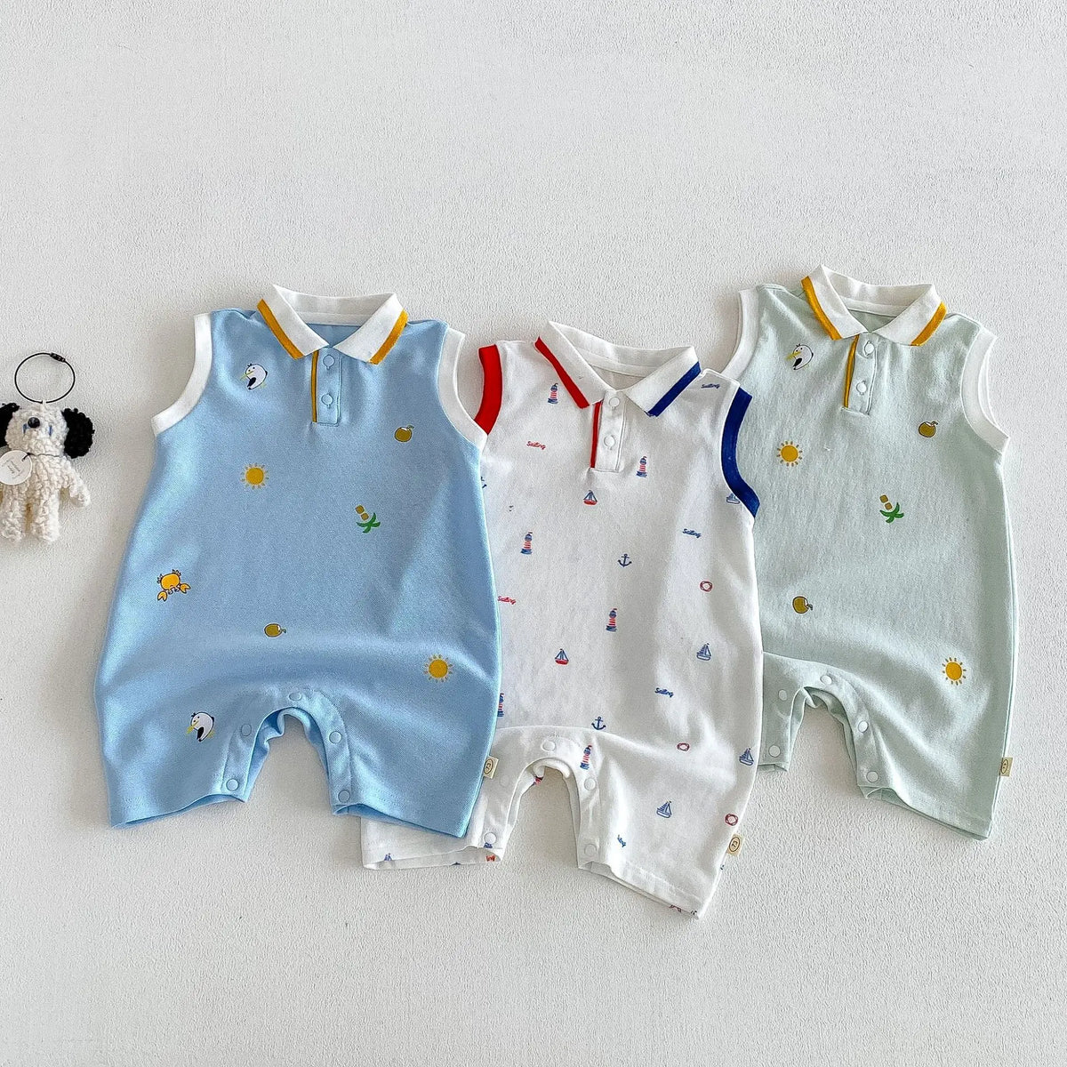 2026 New Summer 0-2Y Baby Clothes Cartoon Print Sleeveless Polo Romper Breathable Mesh Fabric with Placket Snap Closure